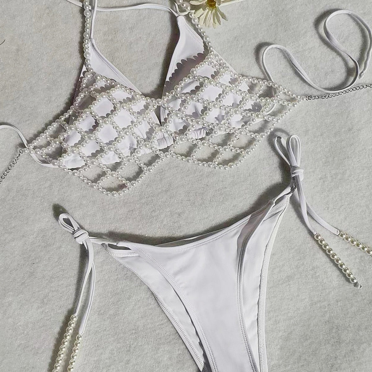 Pearl Chain Tied Swimsuit Women Sexy Bikini Advanced Split Three Piece Set